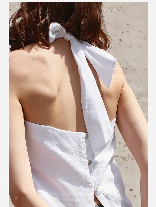 Sleeveless Linen Backless Halter Top