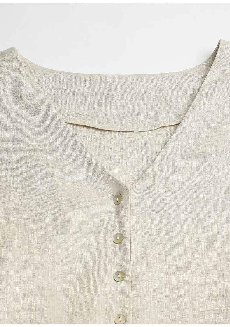 Linen V-Neck Button-Up Longline Shirt