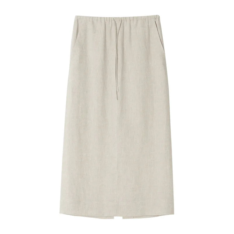 100% Linen Straight Skirts Loose Women Summer High Elastic Waist Simple Casual Split Half Loose Fashion Streetwear White Skirt