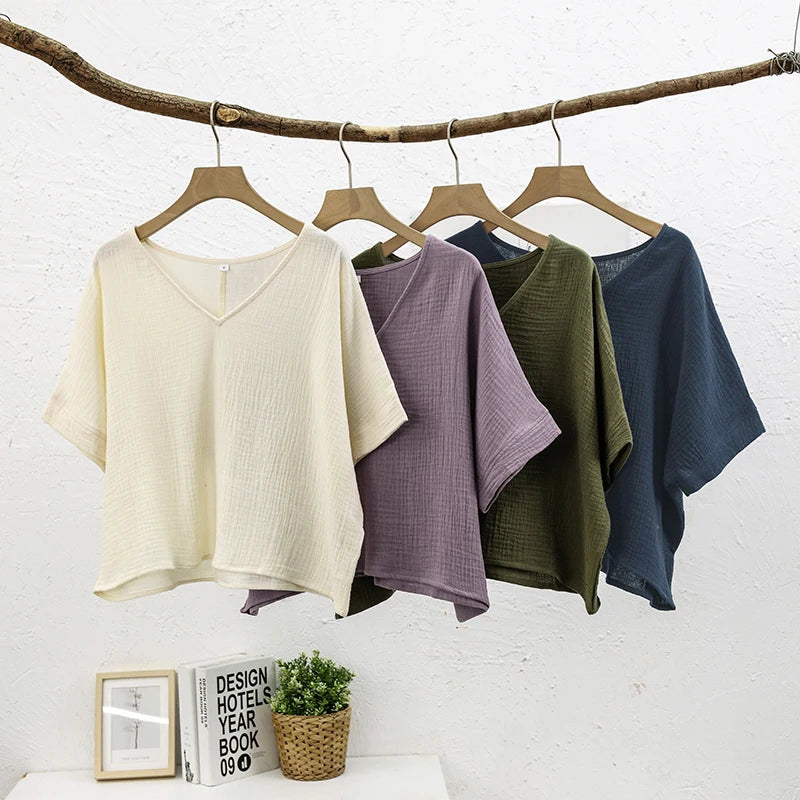 Loose-Fit V-Neck Cotton Gauze T-Shirt