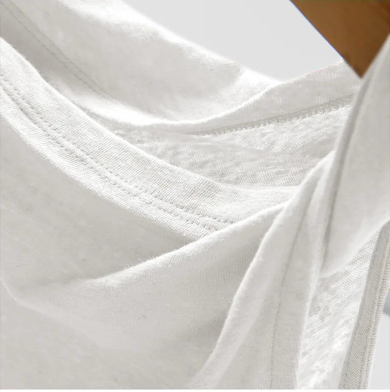 French Linen Cotton Irregular One-shoulder T-shirt for Women's Summer Sleeveless Casual New Fashion High Street Office Lady Tops
