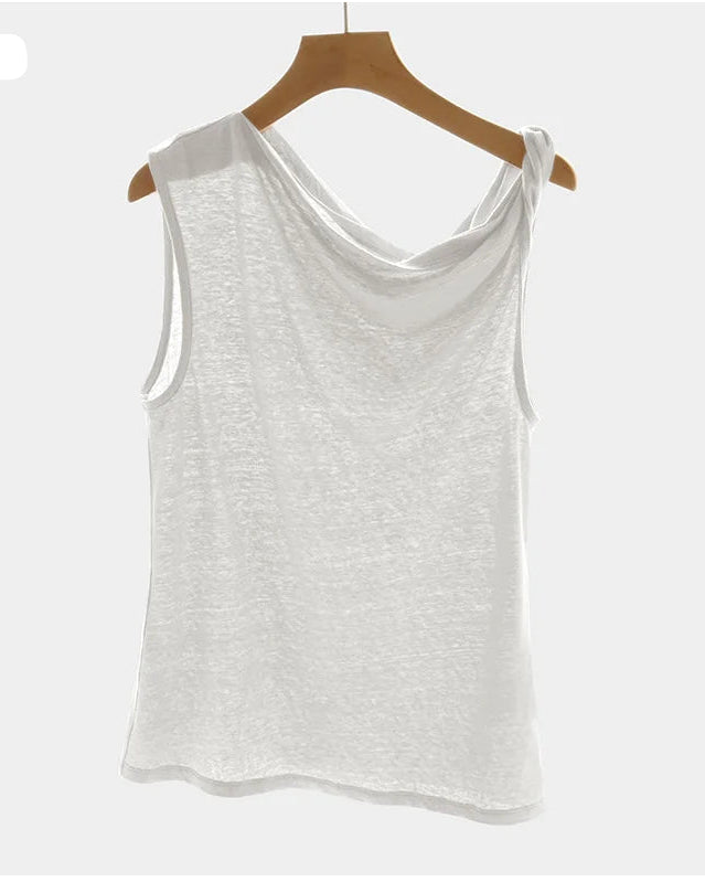 French Linen Cotton Irregular One-shoulder T-shirt for Women's Summer Sleeveless Casual New Fashion High Street Office Lady Tops