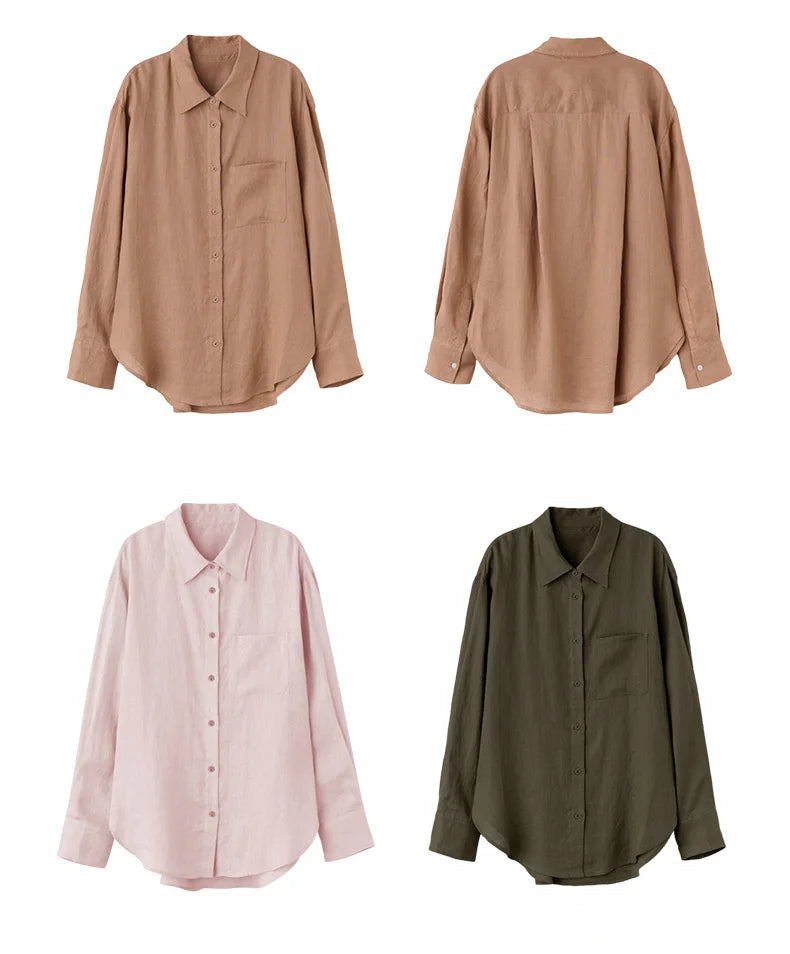 Vintage Linen Shirt Women Lapel Single-breasted Long-sleeved Casual Sun-protective Cardigan Top High Street Fashion Chic Blouse